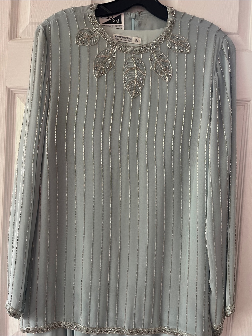 Vintage Light Blue Beaded Maxi Dress with Embellished Yoke - Picture 2 of 5